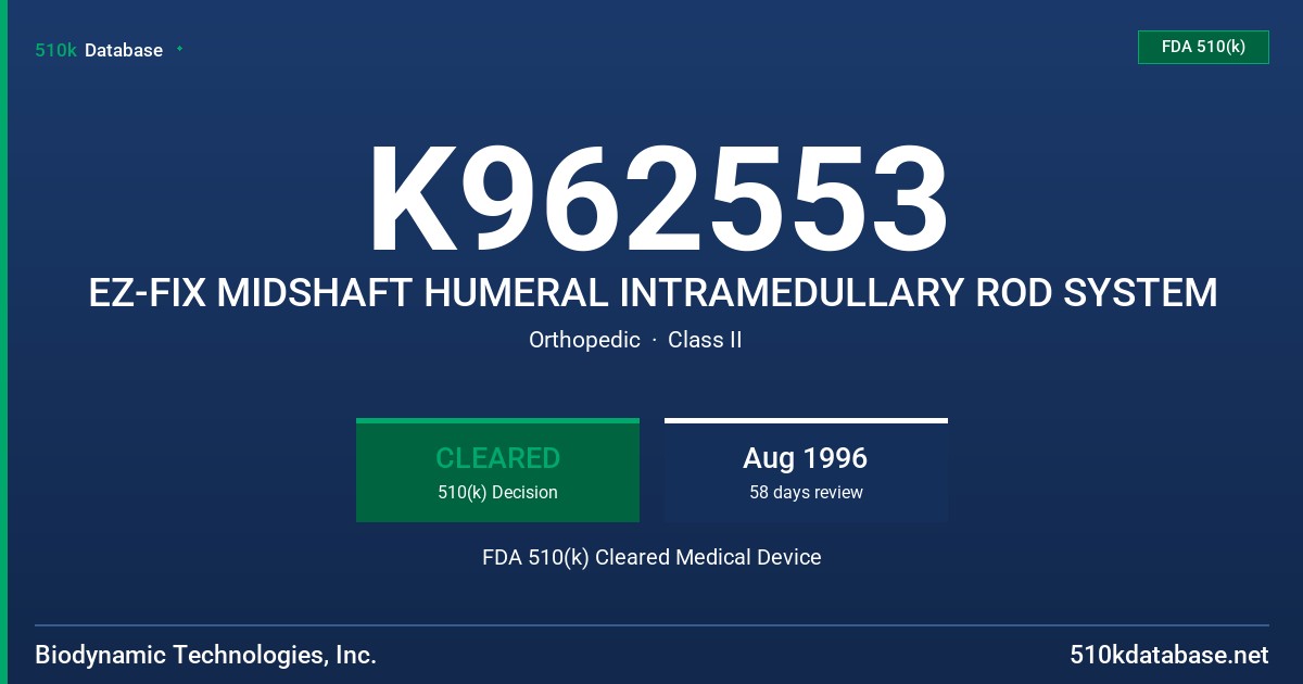 K962553 EZ-FIX MIDSHAFT HUMERAL INTRAMEDULLARY ROD SYSTEM FDA 510(k) Cleared Medical Device