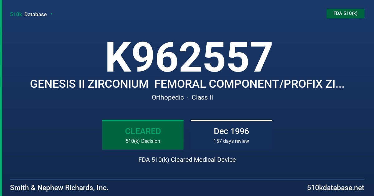 K962557 GENESIS II ZIRCONIUM  FEMORAL COMPONENT/PROFIX ZIRCONIUM FEMORAL COMPONENT FDA 510(k) Cleared Medical Device