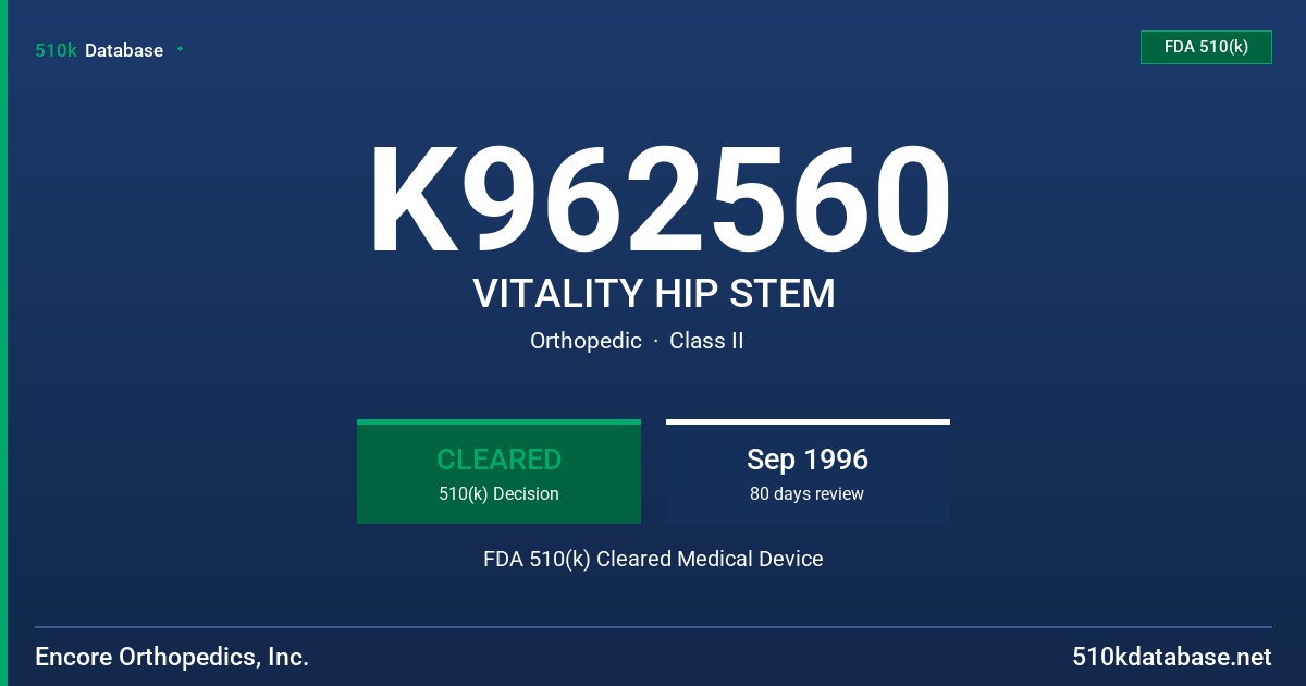 K962560 VITALITY HIP STEM FDA 510(k) Cleared Medical Device
