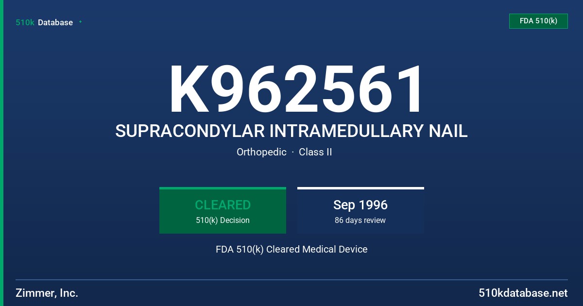 K962561 SUPRACONDYLAR INTRAMEDULLARY NAIL FDA 510(k) Cleared Medical Device