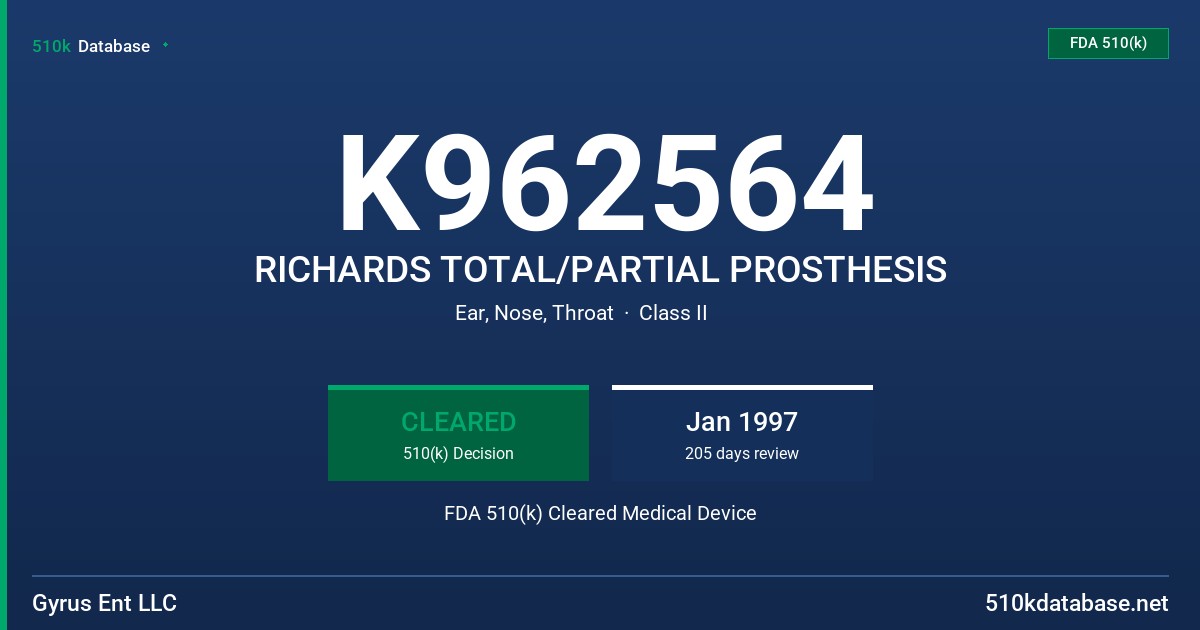 K962564 RICHARDS TOTAL/PARTIAL PROSTHESIS FDA 510(k) Cleared Medical Device