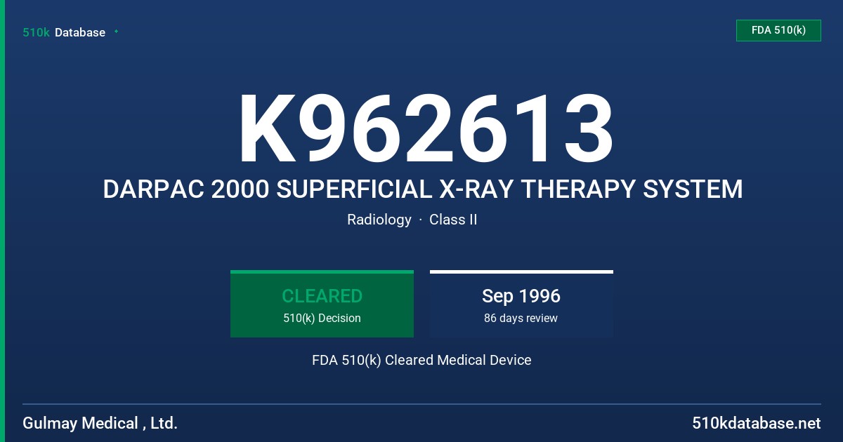 K962613 DARPAC 2000 SUPERFICIAL X-RAY THERAPY SYSTEM FDA 510(k) Cleared Medical Device