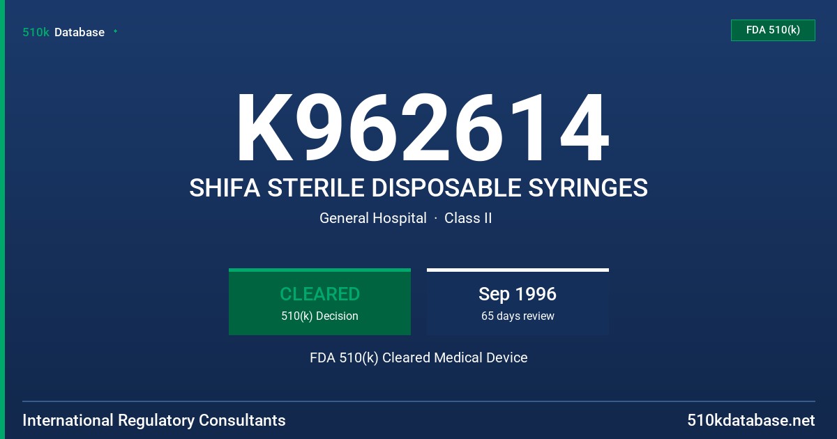K962614 SHIFA STERILE DISPOSABLE SYRINGES FDA 510(k) Cleared Medical Device