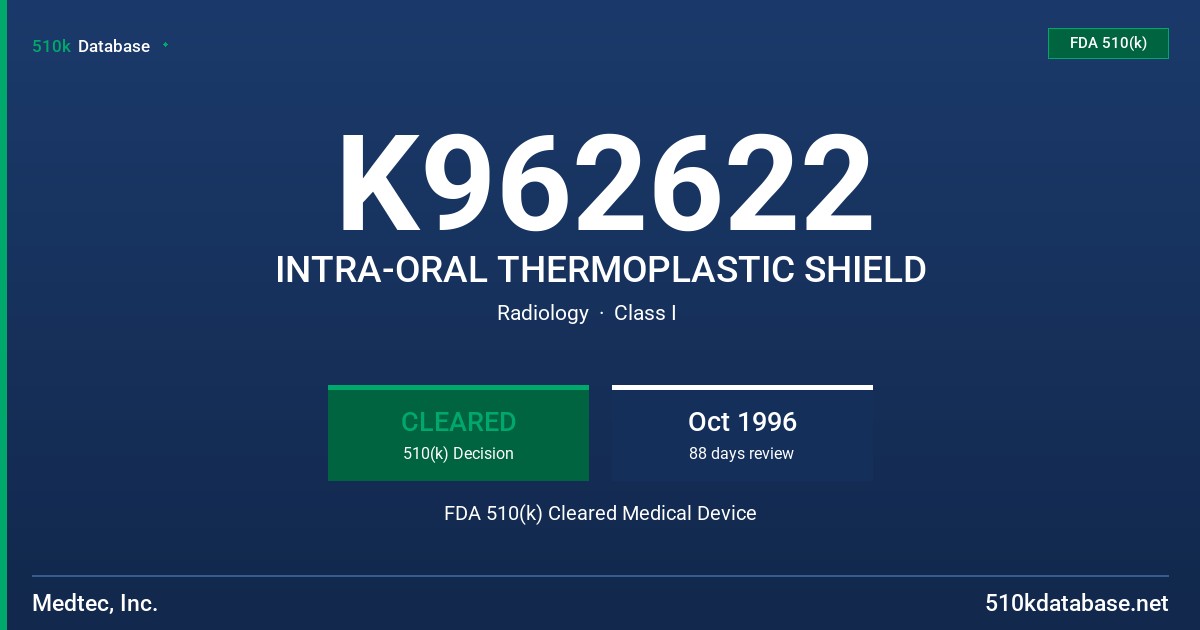 K962622 INTRA-ORAL THERMOPLASTIC SHIELD FDA 510(k) Cleared Medical Device
