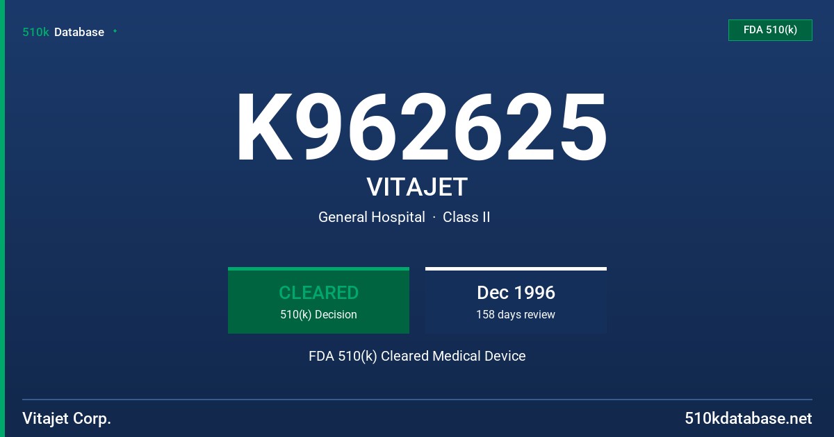 K962625 VITAJET FDA 510(k) Cleared Medical Device