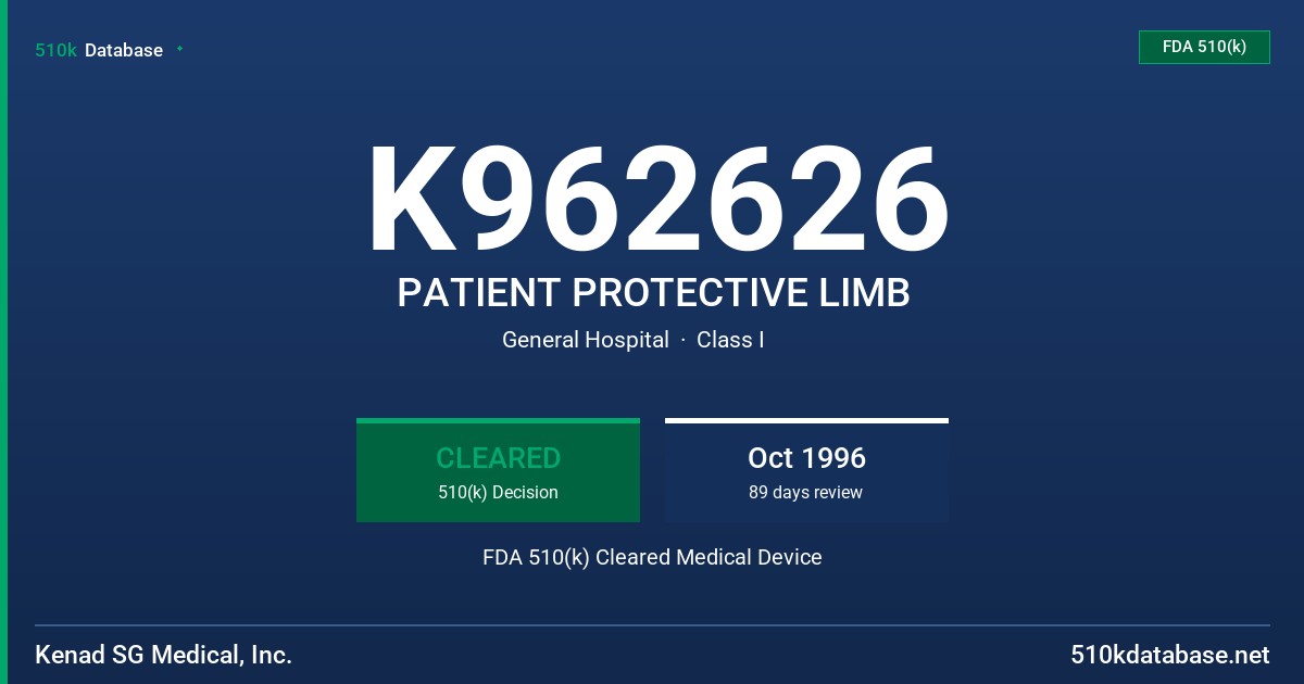K962626 PATIENT PROTECTIVE LIMB FDA 510(k) Cleared Medical Device
