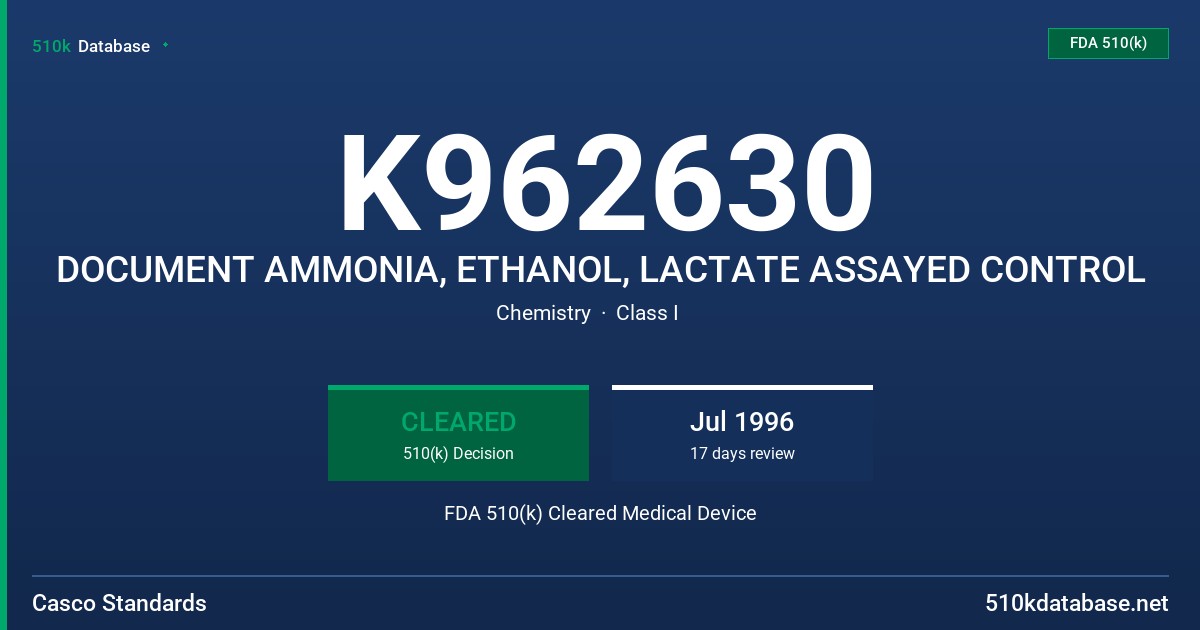 K962630 DOCUMENT AMMONIA, ETHANOL, LACTATE ASSAYED CONTROL FDA 510(k) Cleared Medical Device