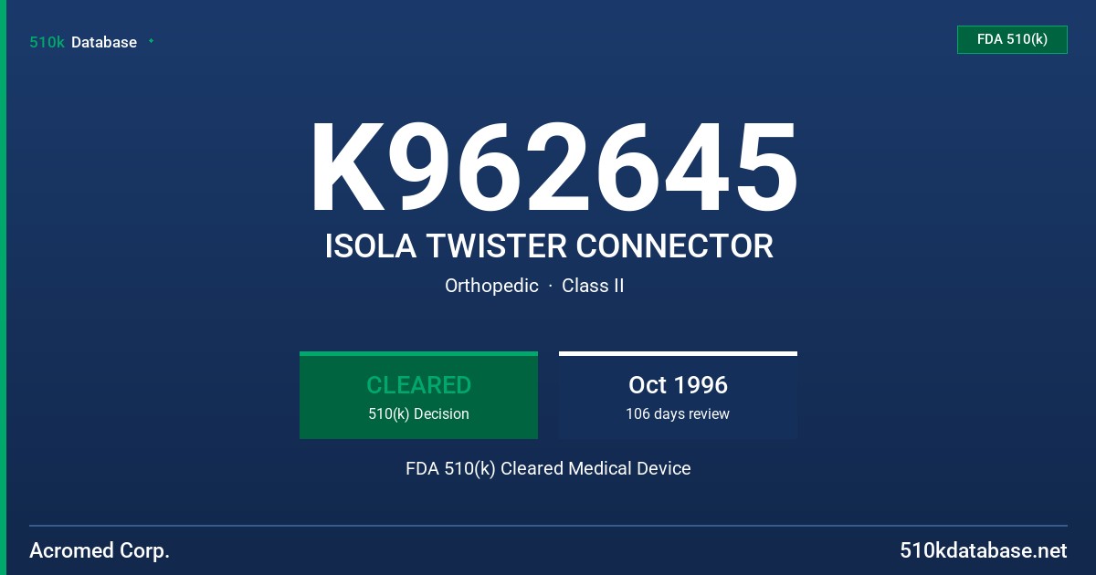 K962645 ISOLA TWISTER CONNECTOR FDA 510(k) Cleared Medical Device