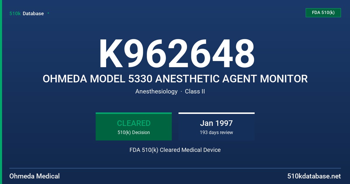 K962648 OHMEDA MODEL 5330 ANESTHETIC AGENT MONITOR FDA 510(k) Cleared Medical Device