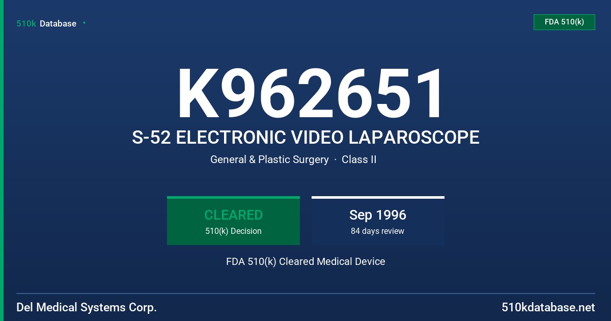 K962651 S-52 ELECTRONIC VIDEO LAPAROSCOPE FDA 510(k) Cleared Medical Device