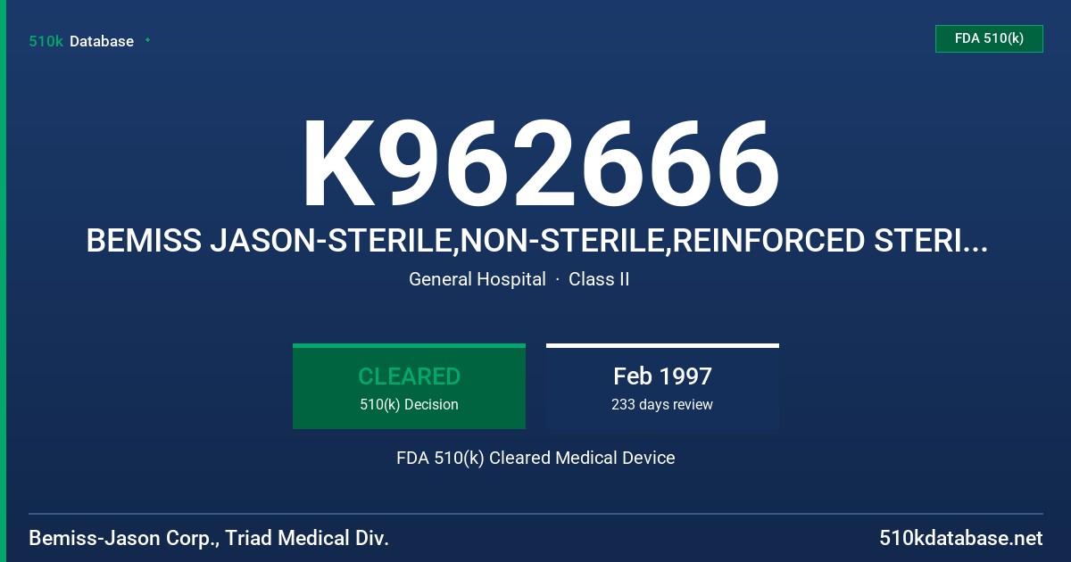K962666 BEMISS JASON-STERILE,NON-STERILE,REINFORCED STERILE,AND REINFORCED NON-STERILE SURGICAL GOWN FDA 510(k) Cleared Medical Device