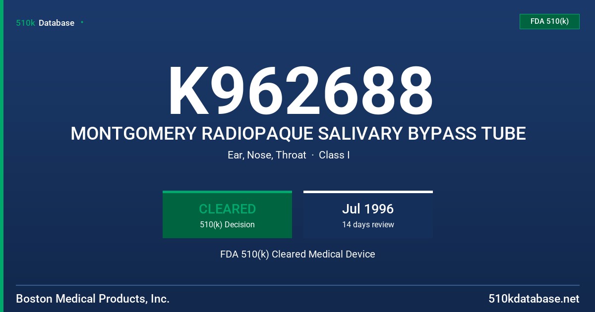 K962688 MONTGOMERY RADIOPAQUE SALIVARY BYPASS TUBE FDA 510(k) Cleared Medical Device
