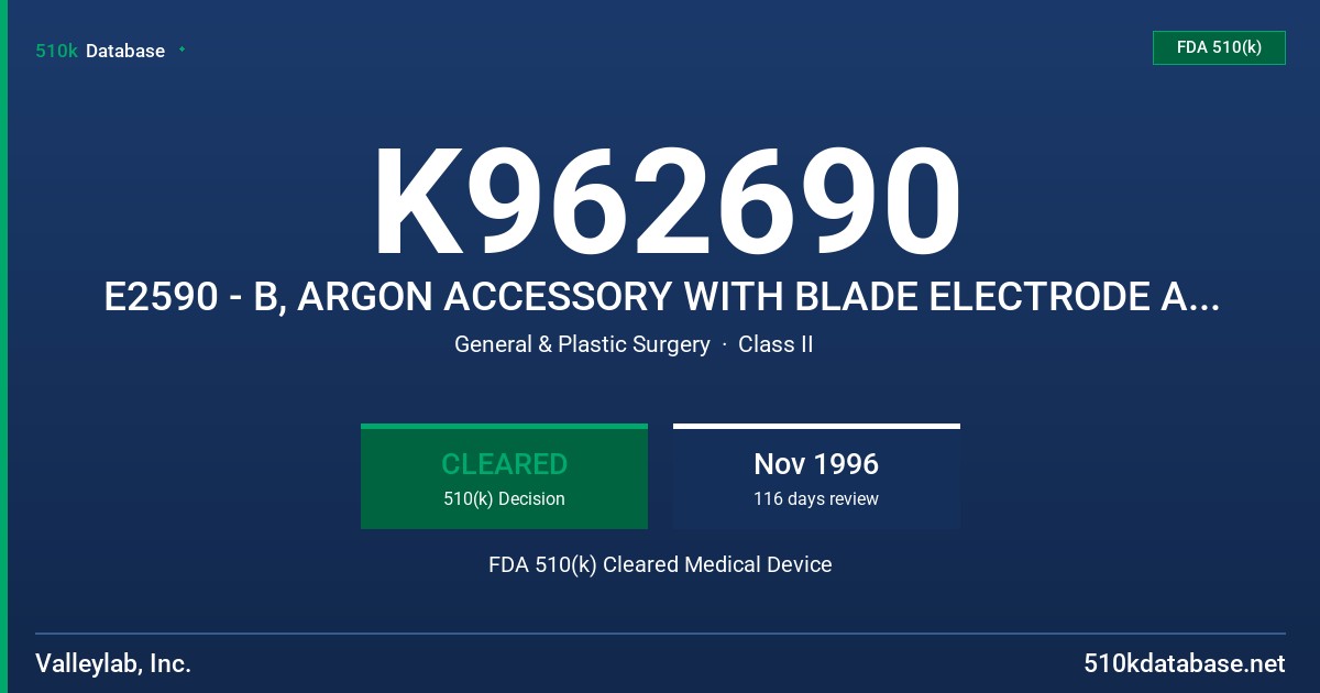 K962690 E2590 - B, ARGON ACCESSORY WITH BLADE ELECTRODE AND E2590 - N, ARGON ACCESSORY WITH NEEDLE ELECTRODE FDA 510(k) Cleared Medical Device