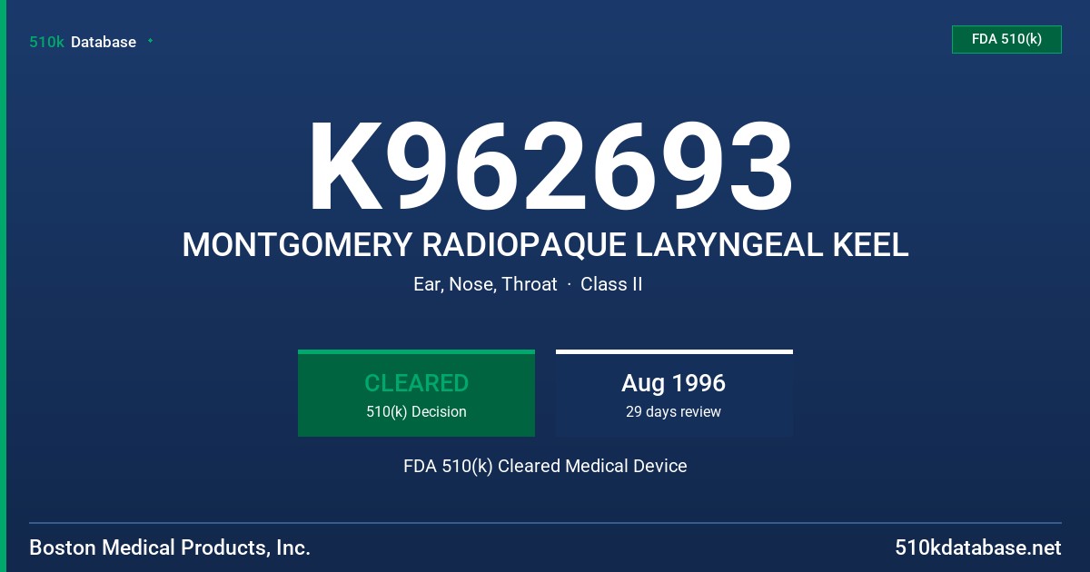 K962693 MONTGOMERY RADIOPAQUE LARYNGEAL KEEL FDA 510(k) Cleared Medical Device