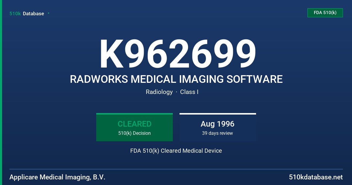 K962699 RADWORKS MEDICAL IMAGING SOFTWARE FDA 510(k) Cleared Medical Device