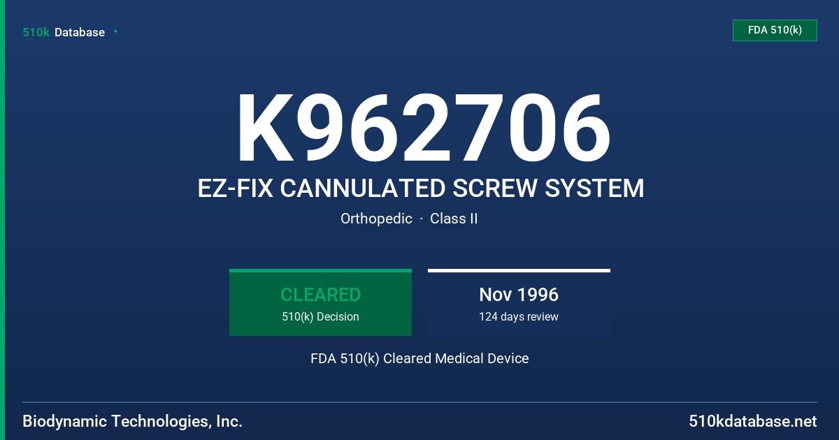 K962706 EZ-FIX CANNULATED SCREW SYSTEM FDA 510(k) Cleared Medical Device