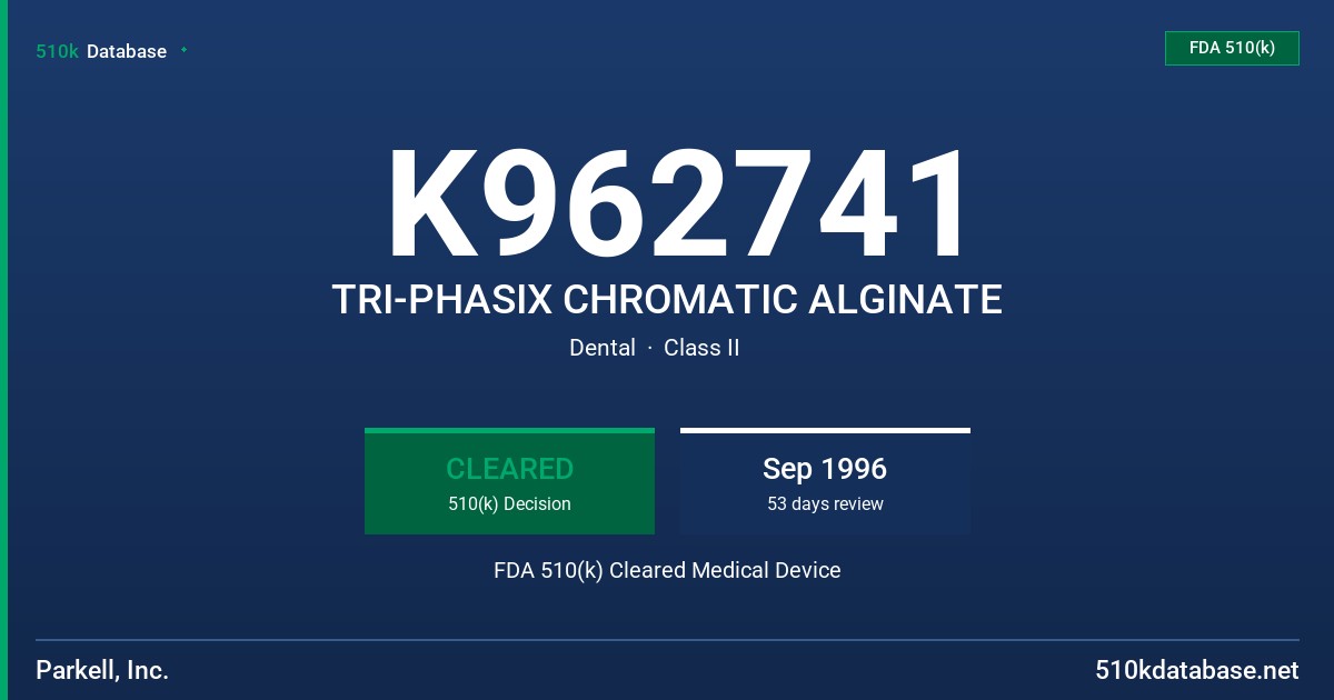 K962741 TRI-PHASIX CHROMATIC ALGINATE FDA 510(k) Cleared Medical Device