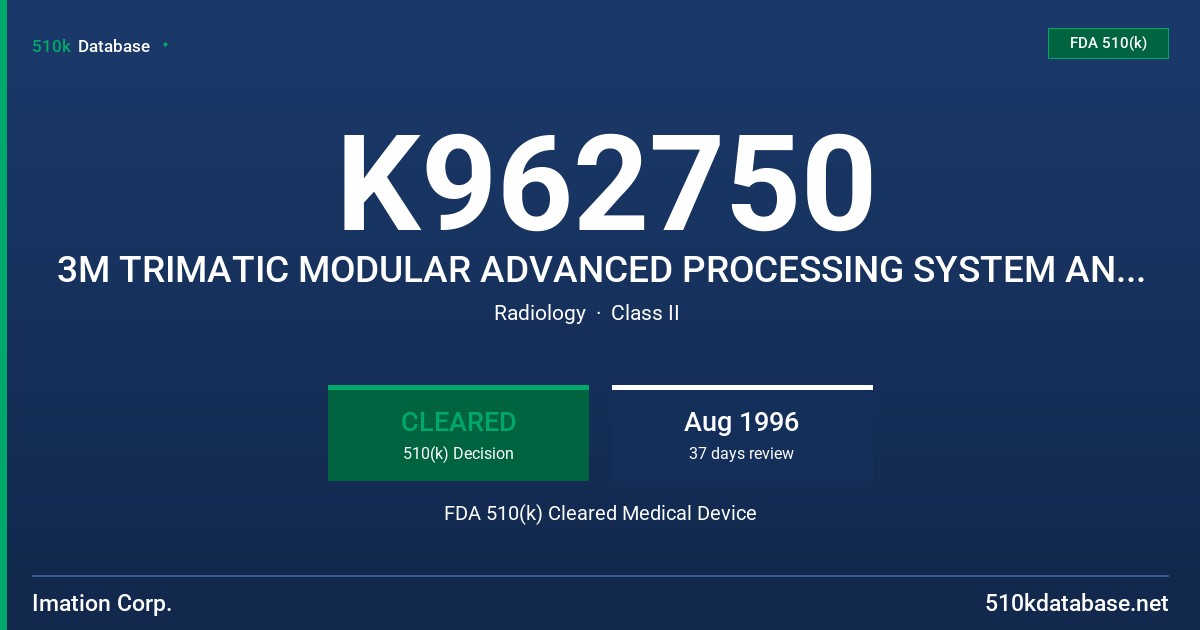 K962750 3M TRIMATIC MODULAR ADVANCED PROCESSING SYSTEM AND 3M APS AUTOMATIC FILM PROCESSOR FDA 510(k) Cleared Medical Device