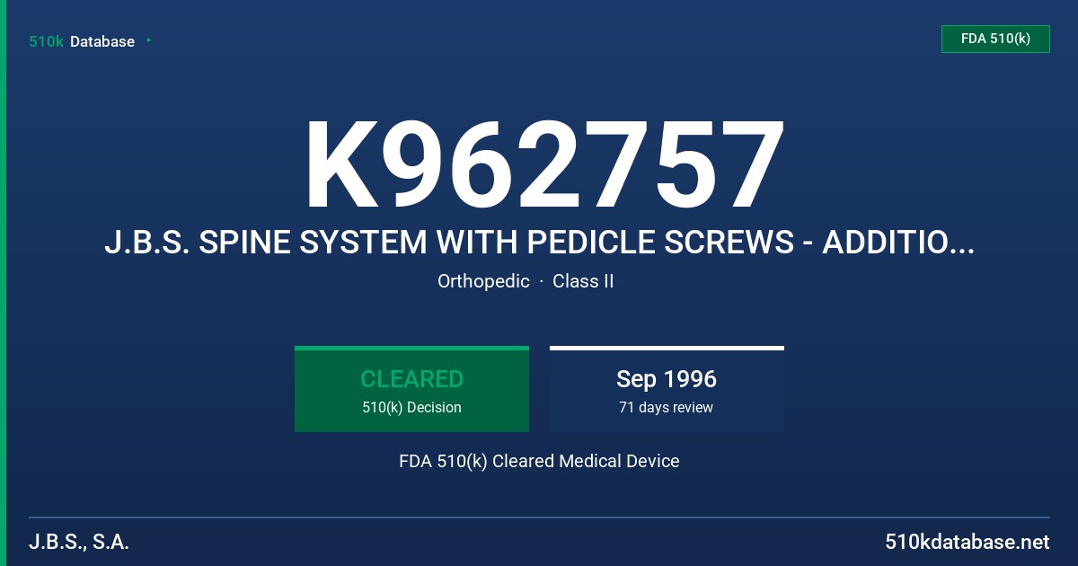 K962757 J.B.S. SPINE SYSTEM WITH PEDICLE SCREWS - ADDITIONAL COMPONENTS - SCREWS, LINKING PLATES, HOOKS AND ROD CLAMP FDA 510(k) Cleared Medical Device