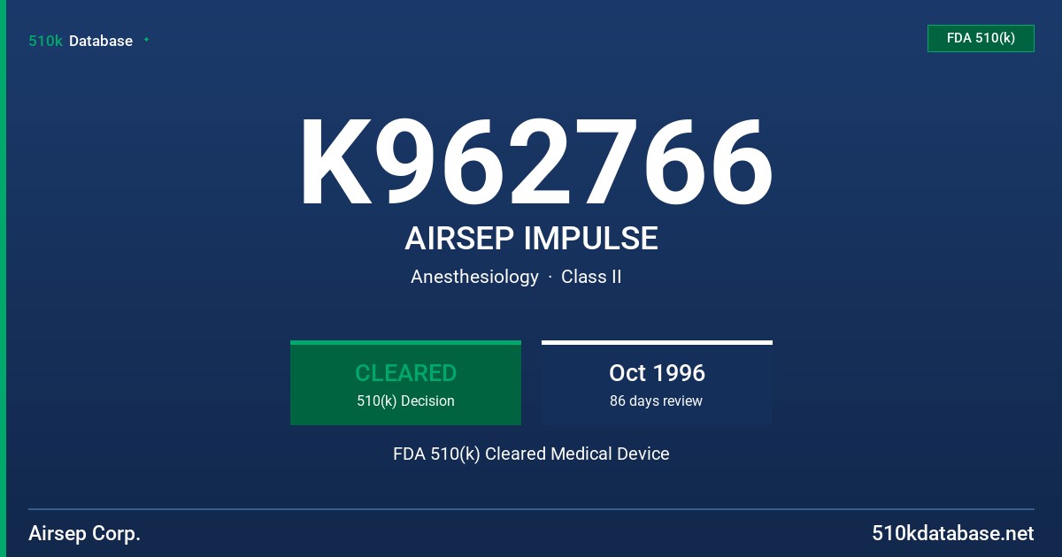 K962766 AIRSEP IMPULSE FDA 510(k) Cleared Medical Device