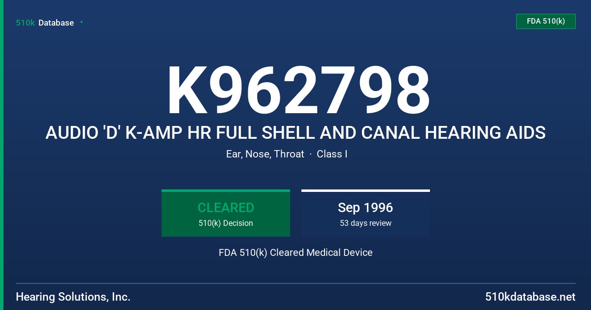 K962798 AUDIO 'D' K-AMP HR FULL SHELL AND CANAL HEARING AIDS FDA 510(k) Cleared Medical Device