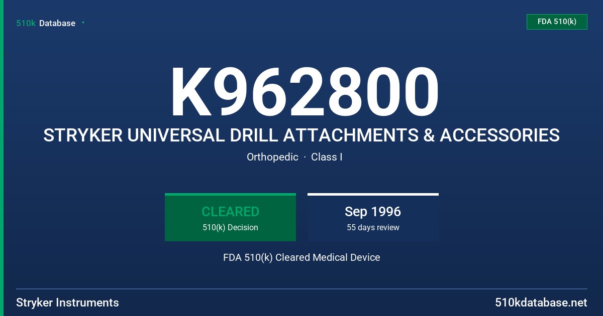 K962800 STRYKER UNIVERSAL DRILL ATTACHMENTS & ACCESSORIES FDA 510(k) Cleared Medical Device
