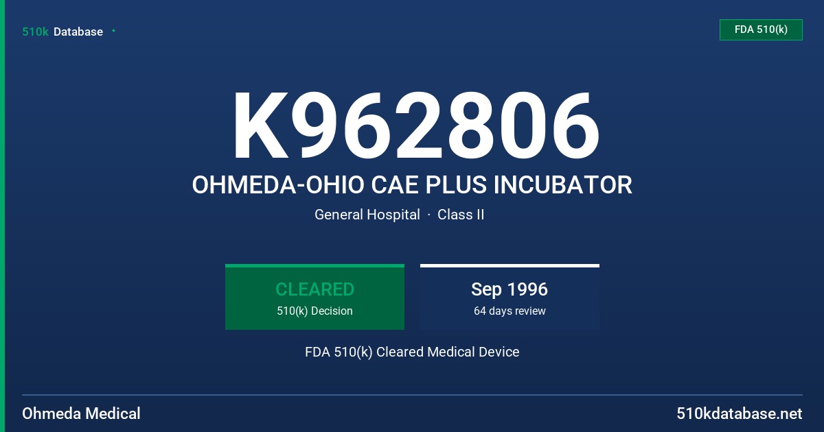 K962806 OHMEDA-OHIO CAE PLUS INCUBATOR FDA 510(k) Cleared Medical Device