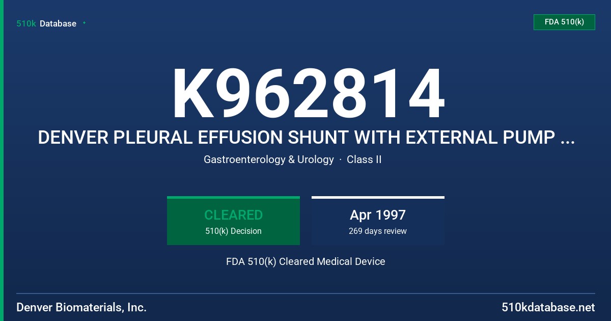K962814 DENVER PLEURAL EFFUSION SHUNT WITH EXTERNAL PUMP CHAMBER FDA 510(k) Cleared Medical Device