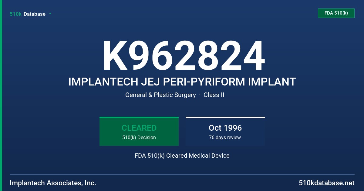 K962824 IMPLANTECH JEJ PERI-PYRIFORM IMPLANT FDA 510(k) Cleared Medical Device