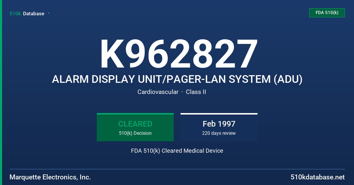 K962827 ALARM DISPLAY UNIT/PAGER-LAN SYSTEM (ADU) FDA 510(k) Cleared Medical Device