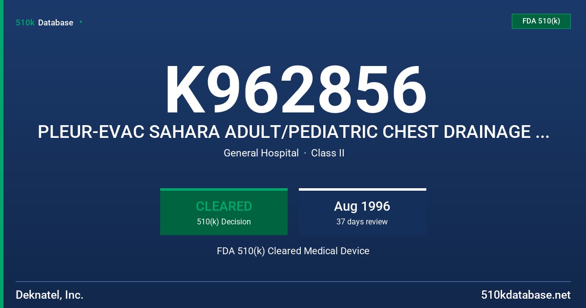 K962856 PLEUR-EVAC SAHARA ADULT/PEDIATRIC CHEST DRAINAGE SYSTEM MODEL S-1100, S-1200, 2-2100, AND S-2200 WITH MODEL S-100 AUTOTR FDA 510(k) Cleared Medical Device