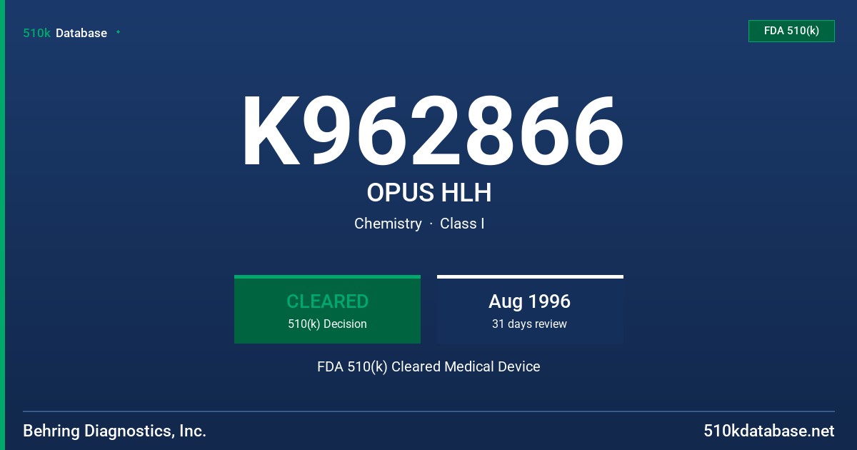 K962866 OPUS HLH FDA 510(k) Cleared Medical Device
