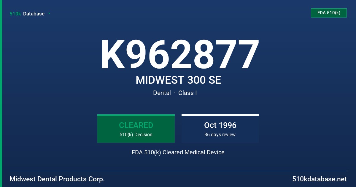 K962877 MIDWEST 300 SE FDA 510(k) Cleared Medical Device