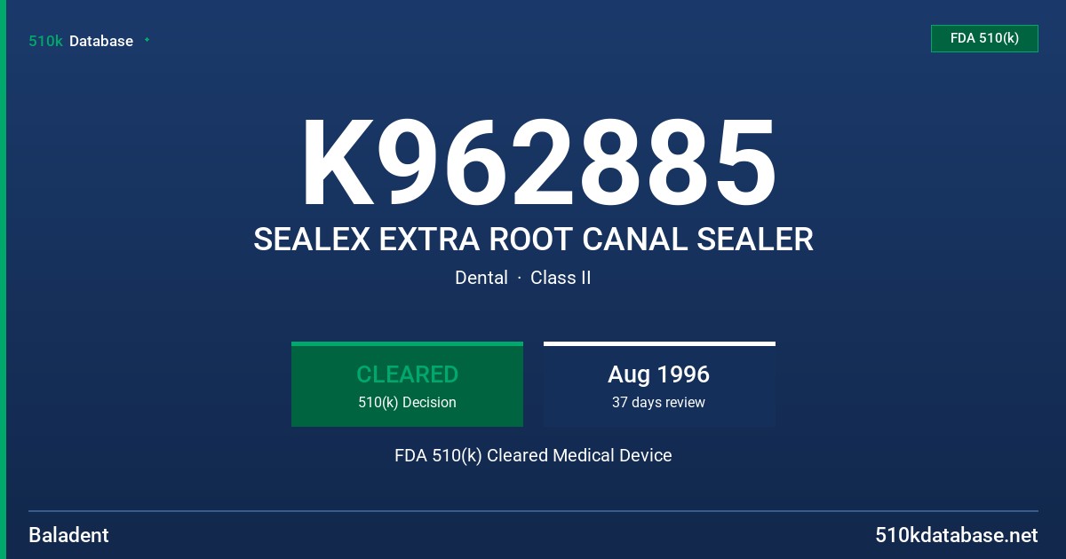 K962885 SEALEX EXTRA ROOT CANAL SEALER FDA 510(k) Cleared Medical Device