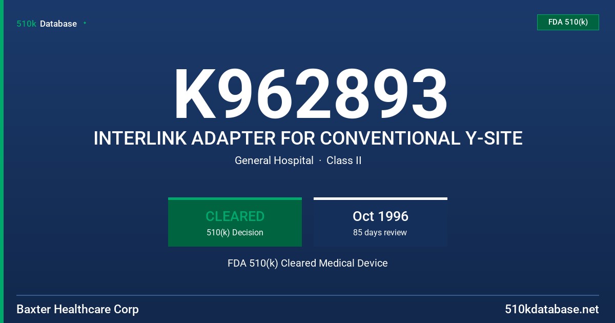 K962893 INTERLINK ADAPTER FOR CONVENTIONAL Y-SITE FDA 510(k) Cleared Medical Device