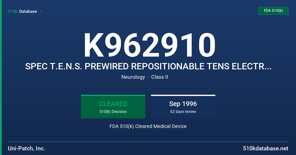 K962910 SPEC T.E.N.S. PREWIRED REPOSITIONABLE TENS ELECTRODE - MODIFY FDA 510(k) Cleared Medical Device