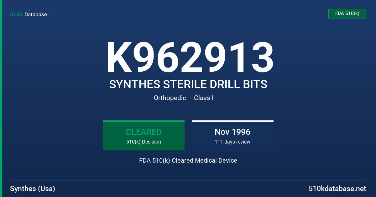 K962913 SYNTHES STERILE DRILL BITS FDA 510(k) Cleared Medical Device