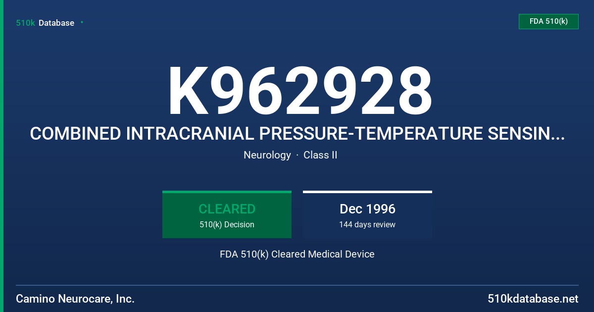 K962928 COMBINED INTRACRANIAL PRESSURE-TEMPERATURE SENSING SYSTEM (ICP/) FDA 510(k) Cleared Medical Device