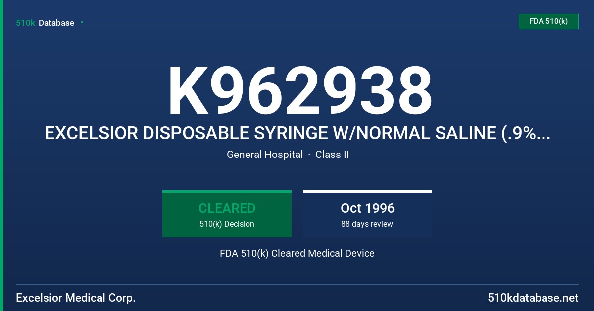 K962938 EXCELSIOR DISPOSABLE SYRINGE W/NORMAL SALINE (.9% SODIUM CHLORIDE) FDA 510(k) Cleared Medical Device