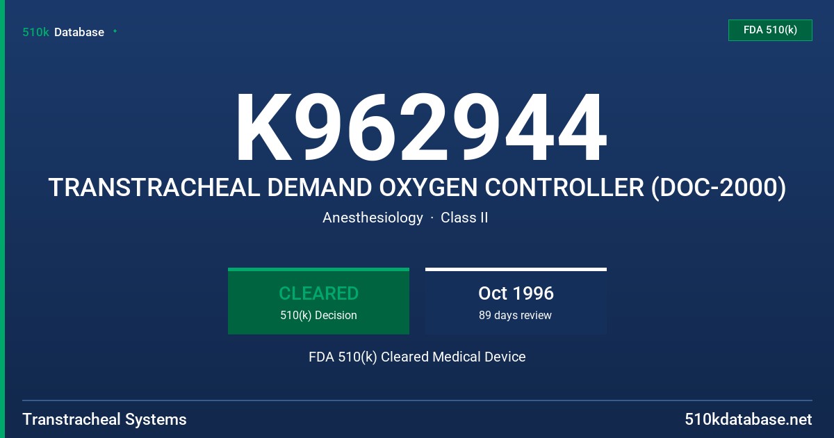 K962944 TRANSTRACHEAL DEMAND OXYGEN CONTROLLER (DOC-2000) FDA 510(k) Cleared Medical Device