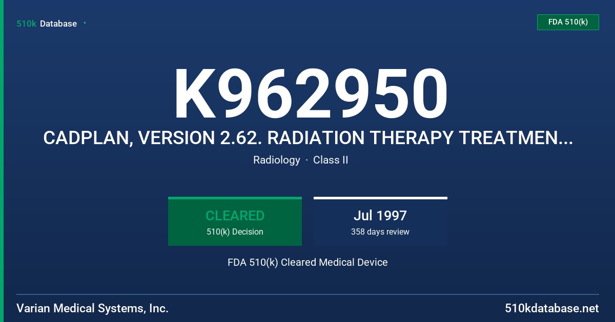 K962950 CADPLAN, VERSION 2.62. RADIATION THERAPY TREATMENT PLANNING SYSTEM FDA 510(k) Cleared Medical Device