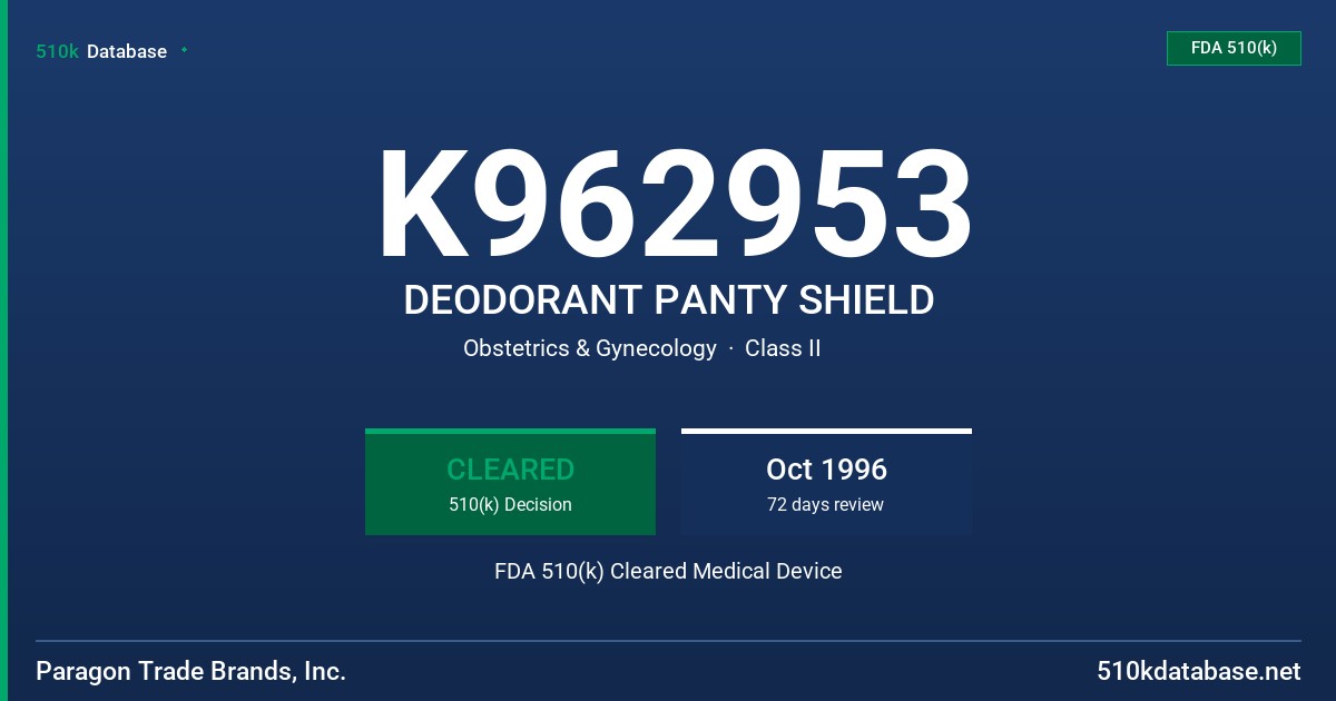 K962953 DEODORANT PANTY SHIELD FDA 510(k) Cleared Medical Device