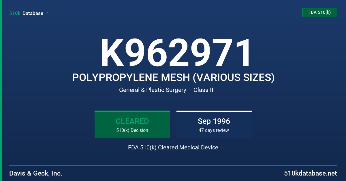 K962971 POLYPROPYLENE MESH (VARIOUS SIZES) FDA 510(k) Cleared Medical Device
