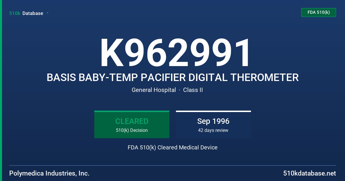K962991 BASIS BABY-TEMP PACIFIER DIGITAL THEROMETER FDA 510(k) Cleared Medical Device