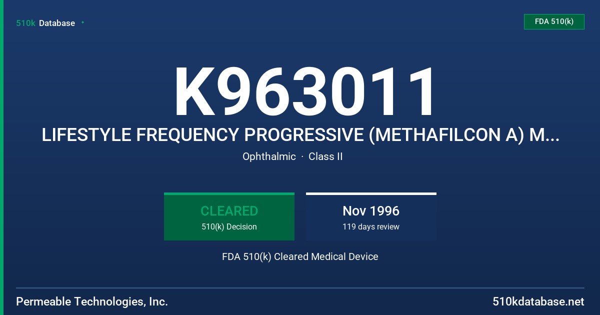 K963011 LIFESTYLE FREQUENCY PROGRESSIVE (METHAFILCON A) MULTIFOCAL HYDROPHILIC CONTACT LENSES FOR DAILY WEAR FDA 510(k) Cleared Medical Device