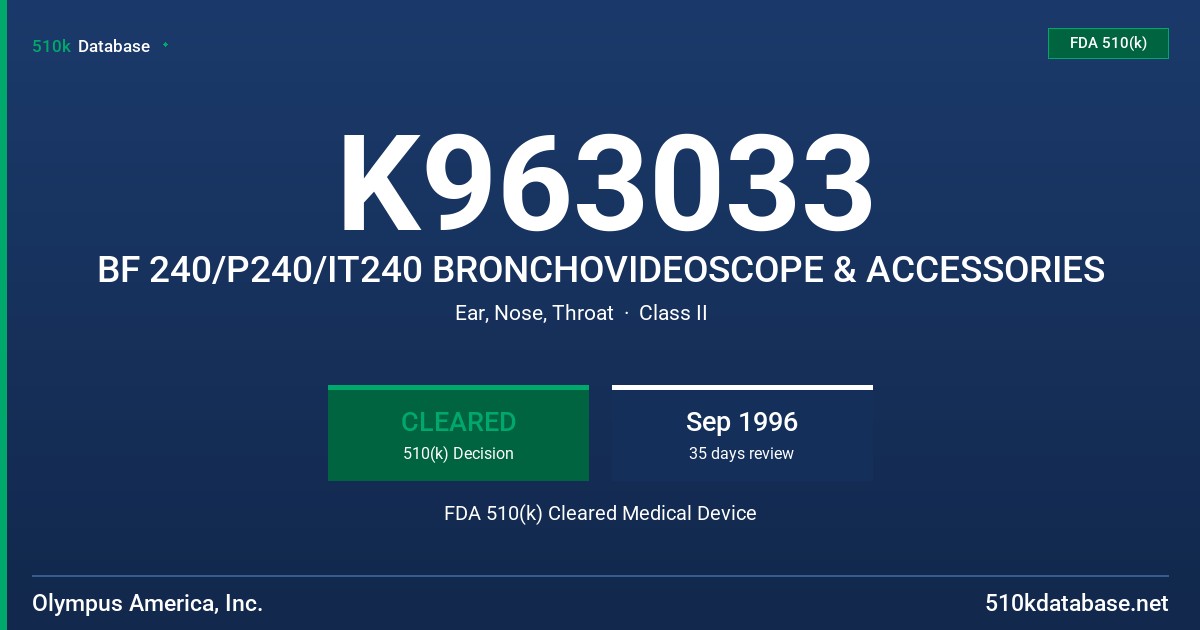 K963033 BF 240/P240/IT240 BRONCHOVIDEOSCOPE & ACCESSORIES FDA 510(k) Cleared Medical Device