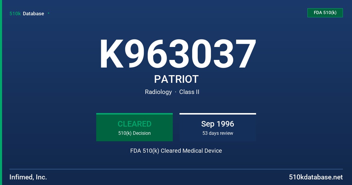 K963037 PATRIOT FDA 510(k) Cleared Medical Device