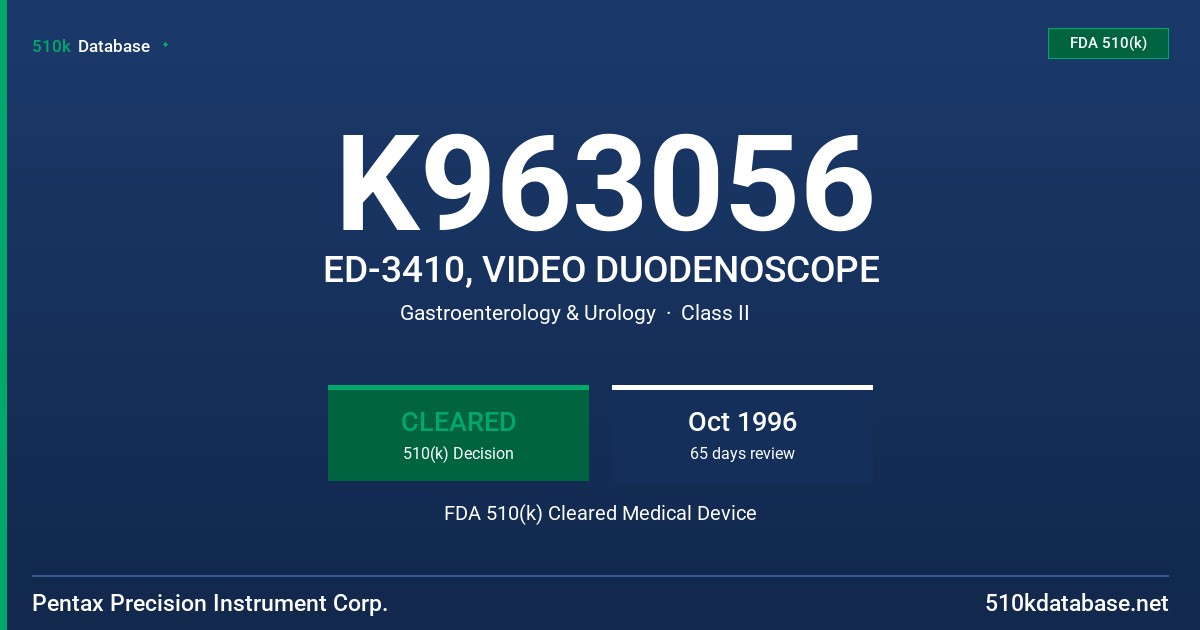 K963056 ED-3410, VIDEO DUODENOSCOPE FDA 510(k) Cleared Medical Device