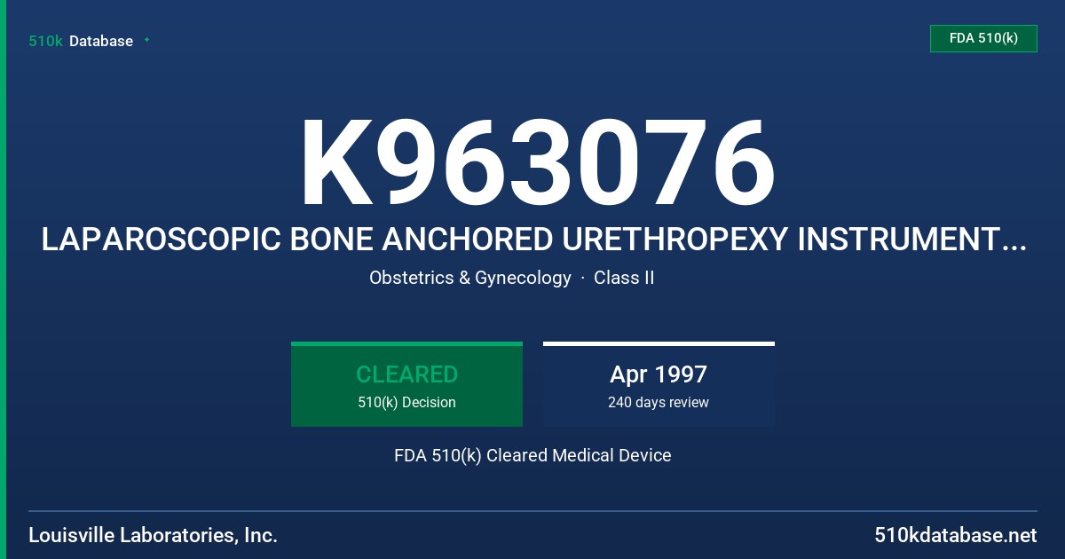 K963076 LAPAROSCOPIC BONE ANCHORED URETHROPEXY INSTRUMENT TRAY FDA 510(k) Cleared Medical Device