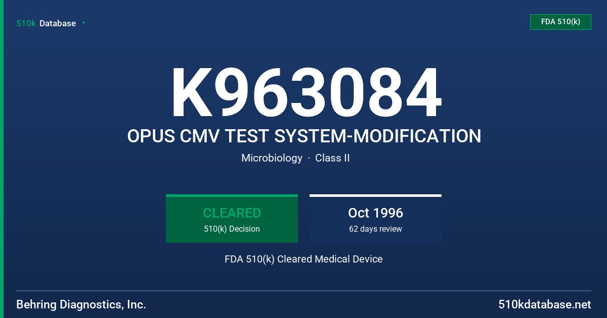K963084 OPUS CMV TEST SYSTEM-MODIFICATION FDA 510(k) Cleared Medical Device